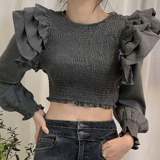 Long-sleeve Frill Trim Crop Top Dark Green - One Size
