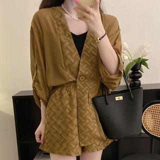 Set: 3/4-sleeve Single-button Cardigan + Wide Leg Shorts