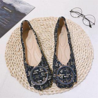 Square-toe Round Buckled Tweed Flats