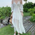 3/4-sleeve Cold Shoulder Midi A-line Dress