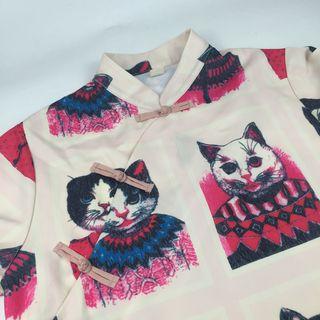 Cat Printed Short-sleeve Cheongsam