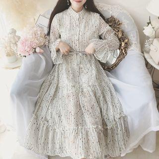 Dotted Long-sleeve Midi A-line Chiffon Dress As Shown In Figure - One Size