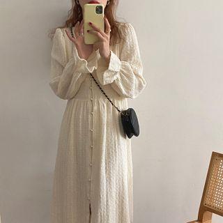 V-neck Bell-sleeve Single Breasted Dress
