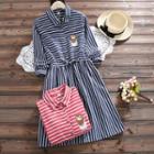 Owl Embroidered Striped Long-sleeve Shirt Dress