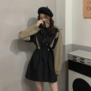 Long-sleeve Two Tone A-line Dress Black & Camel - One Size