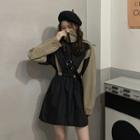 Long-sleeve Two Tone A-line Dress Black & Camel - One Size