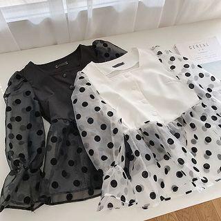 Polka Dot Panel Ruffled-trim Long-sleeve Mesh Blouse
