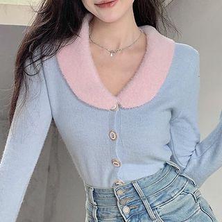 Color Block Lapel Knit Top Blue - One Size