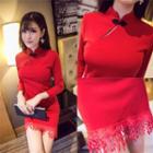 Mandarin Collar Long-sleeve Sheath Dress