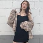 Long-sleeve Plaid Shirt / Strappy Mini Knit Dress