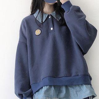 Mock Two-piece Polo-neck Pullover Navy Blue - One Size
