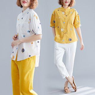 Set: Embroidered Elbow-sleeve Blouse + Cropped Harem Pants