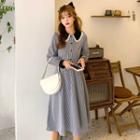 Long-sleeve Plaid Doll-collar Midi Dress Black & White - One Size