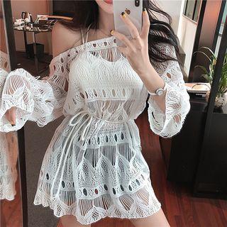 Crochet Off-shoulder Long-sleeve Cover-up As Figure - One Size