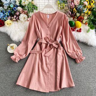 V-neck Single Breasted Plain Tie-waist A-line Dress