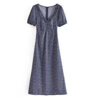 Puff-sleeve V-neck Floral Print Ruched A-line Dress