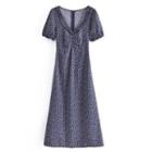 Puff-sleeve V-neck Floral Print Ruched A-line Dress