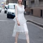 Mesh 3/4-sleeve A-line Midi Dress