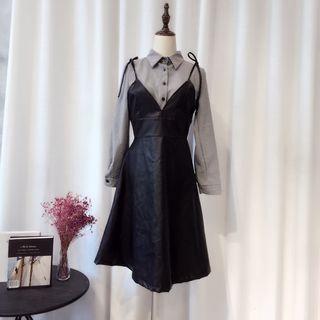 Set: Plaid Shirt + A-line Faux Leather Dress