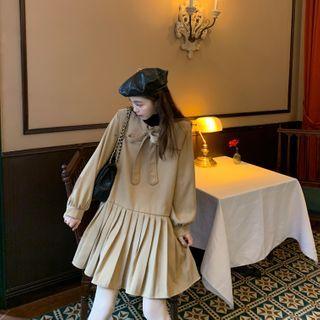 Peter Pan Collar Bow-accent Pleated Mini Skirt Khaki - One Size