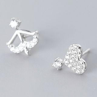 925 Sterling Silver Non-matching Rhinestone Heart & Arrow Earring 1 Pair - S925 Silver - Silver - One Size