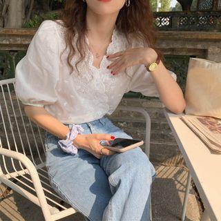 Puff-sleeve Frill Trim Perforated Blouse White - One Size