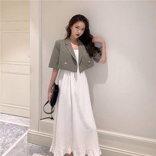 Short-sleeve Cropped Blazer / Spaghetti-strap Midi Dress