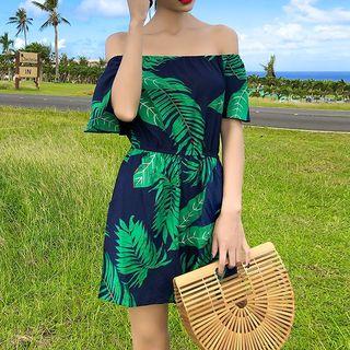 Elbow-sleeve Off Shoulder Leaf Print Playsuit