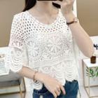Short-sleeve Crocheted Knit Top White - One Size