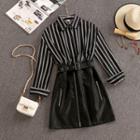 Set: Striped Shirt + Faux Leather Belted A-line Skirt