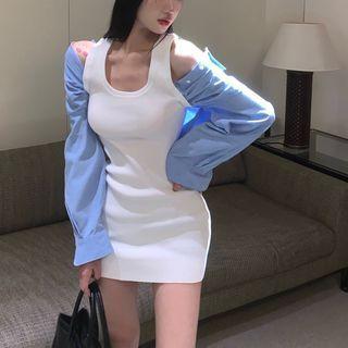 Mock Two-piece Mini Dress Blue & White - One Size