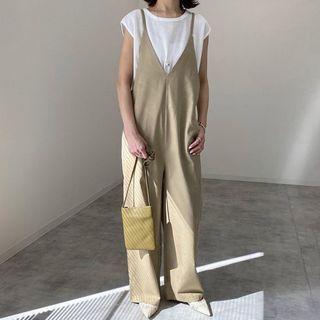 Spaghetti-strap Plain Wide-leg Jumper Pants Khaki - One Size