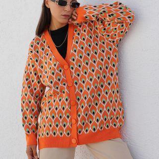 Long Sleeve V-neck Pattern Print Loose-fit Cardigan