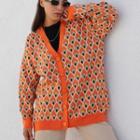 Long Sleeve V-neck Pattern Print Loose-fit Cardigan