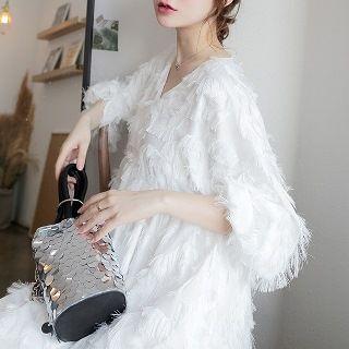 Long-sleeve Feather Accent Dress