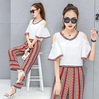 Set: Short-sleeve Cutout Top + Printed Wide-leg Pants
