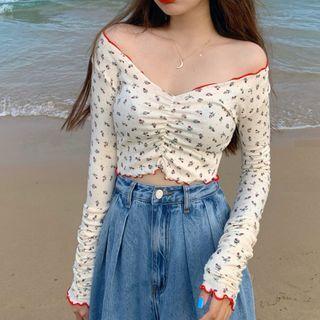 Off-shoulder Floral Print Shirred T-shirt