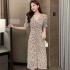 Floral Print Short-sleeve Ruched Midi Sheath Dress