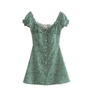 Short-sleeve Dotted Button-up A-line Dress