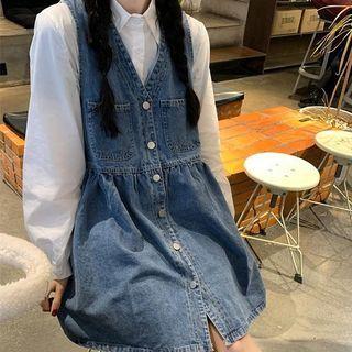 Long-sleeve Plain Shirt / V-neck Button-up Denim Overall Dress