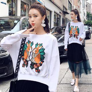 Rabbit Embroidered Pullover / Mesh Midi Skirt / Set: Rabbit Embroidered Pullover + Mesh Midi Skirt