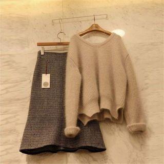 Set: V-neck Sweater + A-line Skirt
