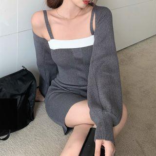 Plain Cardigan / Sleeveless Two-tone Dress