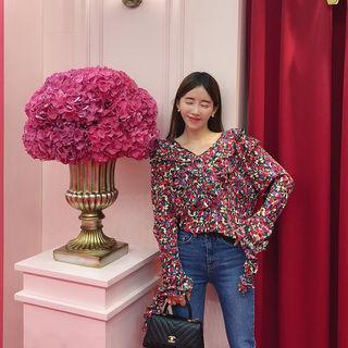 Frilled Floral Top Red - One Size