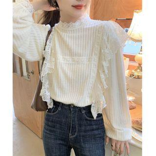 Long-sleeve Mock-neck Lace Blouse Off-white - One Size