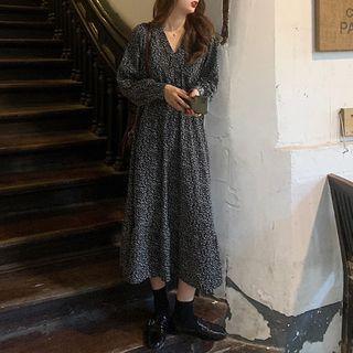 Faux Leather Biker Jacket / Floral Long-sleeve Midi A-line Dress