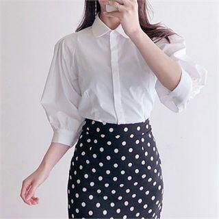 Round-collar Fly-front 3/4-sleeve Blouse