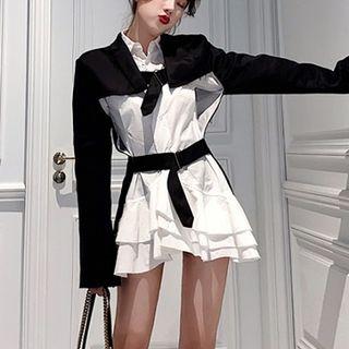 Plain Lace-up Blazer / Plain Asymmetric Ruffled Trim Panel Blouse