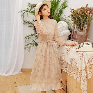 Mock Two-piece Long-sleeve Midi A-line Lace Dress