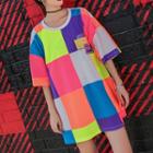 Color Panel Elbow-sleeve T-shirt Dress Multcolor - One Size